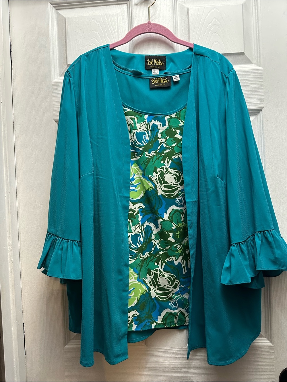 Bob Mackie Teal Floral Shell with Teal Duster - 2X